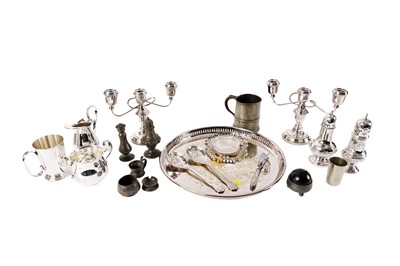 Lot 477 - A selection of silver plate and two candelabra