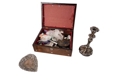 Lot 334 - An Edwardian heart-shaped trinket dish; a candlestick; and a workbox