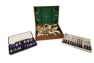 Lot 336 - A 19th Century set of twelve teaspoons and sugar tongs and other silver plated cutlery