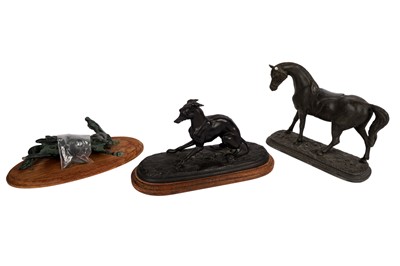 Lot 280 - A patinated spelter figure of a greyhound; and two figures of horses