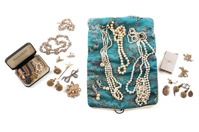 Lot 198 - Two gold necklaces; with a set of miniature WWI medals; and a selection of jewellery