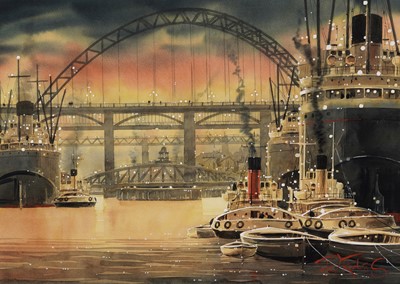 Lot 1012 - Peter J. Rodgers - Sun on the Tyne | watercolour and gouache