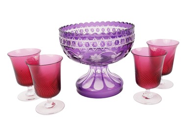 Lot 470 - An early 20th Century cut amethyst glass stemmed bowl; and cranberry wine glasses