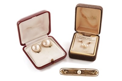 Lot 206 - A cultured pearl bar brooch; a pair of cultured pearl drop earrings; and another pair