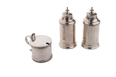 Lot 18 - A pair of art deco silver casters; and a silver drum mustard pot