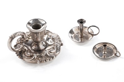 Lot 378 - Two miniature silver chambersticks; and a taperstick cover