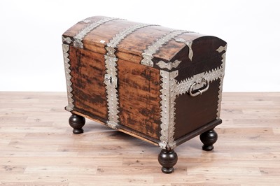 Lot 105 - A substantial vintage oak and silvered metal bound dome top blanket box