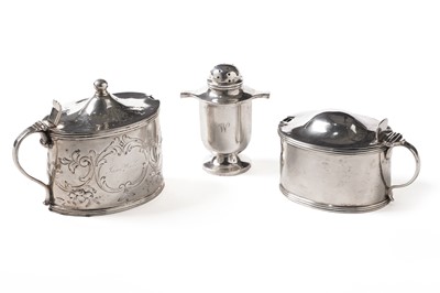 Lot 158 - A George III Scottish silver mustard pot; another similar; and a Scottish silver pepperette