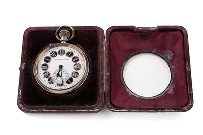 Lot 390 - An Edwardian silver mounted leather watch case; with a plated ‘goliath’ pocket watch