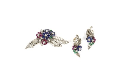 Lot 741 - A French ruby, sapphire, emerald and diamond brooch and matching earrings