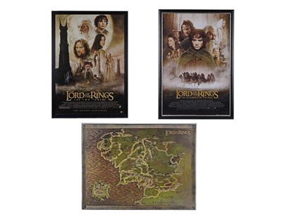 Lot 294 - Two signed Lord of the Rings film posters; and a Lord of the Rings 'Middle Earth' map poster