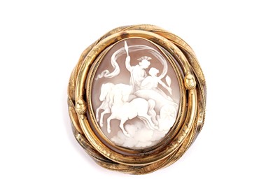 Lot 608 - A Victorian carved shell cameo brooch, depicting Helios and Selene