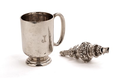 Lot 329 - A silver Christening cup by Walker & Hall; and an Edwardian silver baby whistle