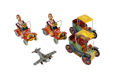 Lot 282 - A selection of tinplate toys including: two ‘Modern Toys’ Japanese tinplate clockwork cars