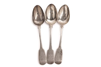 Lot 367 - Three Georgian silver fiddle pattern tablespoons