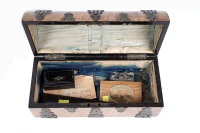 Lot 250 - A late 19th Century brass bound burr walnut work box; and other items
