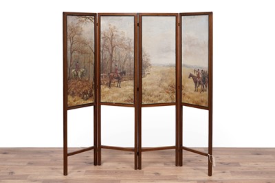 Lot 148 - Of hunting interest; A Victorian oil-painted mahogany fire screen