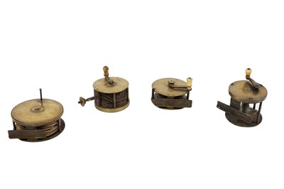 Lot 1877 - A collection of four late 19th Century brass centrepin fishing reels