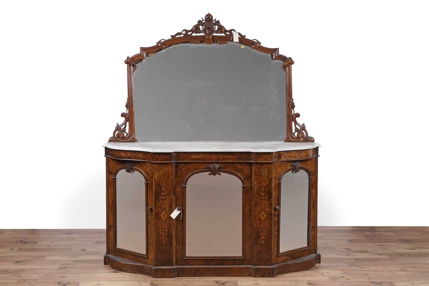 Lot 155 - A Victorian inlaid burr-walnut and walnut mirrored-back credenza
