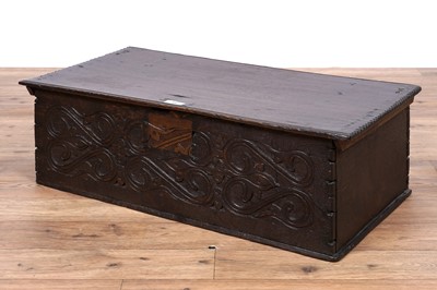 Lot 59 - A carved oak bible box, basically 17th Century