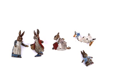 Lot 732 - Five cold painted bronze miniature Beatrix Potter character figures