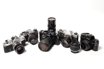 Lot 877 - Various SLR cameras by Konica and others