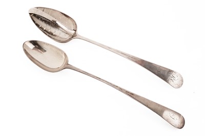 Lot 197 - A George III silver Old English pattern strainer spoon; and a basting spoon