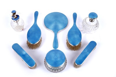 Lot 1013 - A selection of silver and blue gouache enamel decorated dressing table items; and another