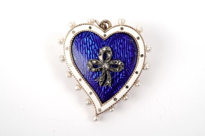 Lot 780 - A Victorian diamond, seed pearl and enamel heart brooch