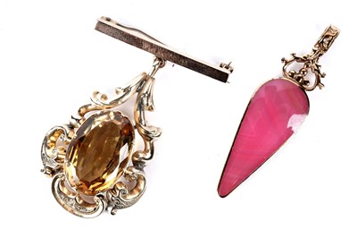 Lot 71 - A Victorian citrine and gold pendant; and a 9ct yellow gold and gemstone pendant