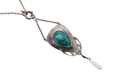 Lot 678 - An Art Nouveau blue enamel and mother-of-pearl silver drop pendant