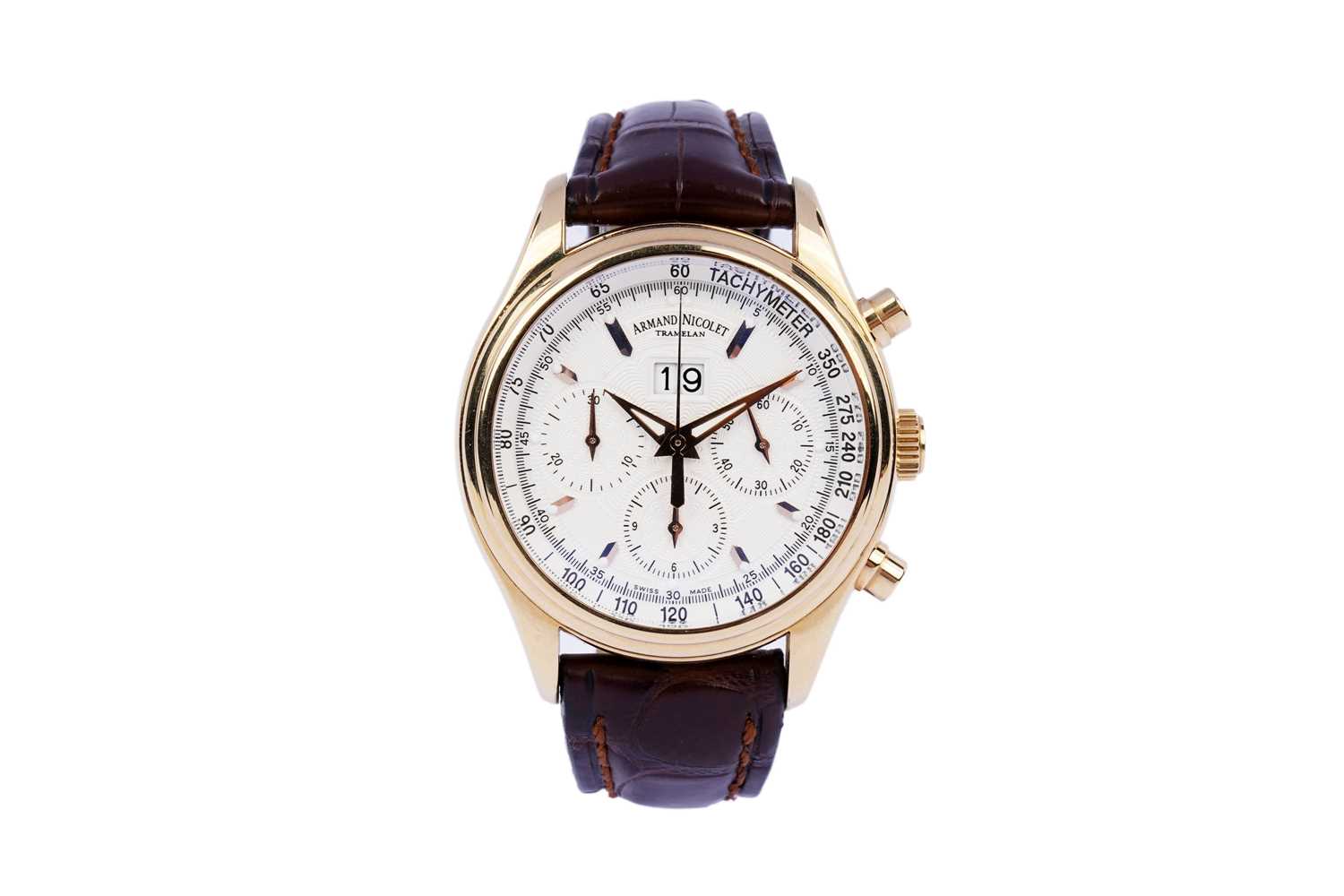 Lot 571 - Armand Nicolet, Tramelan: an 18ct rose gold cased automatic chronograph wristwatch