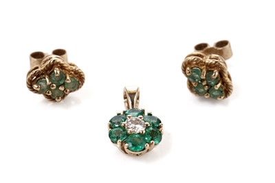 Lot 622 - A pair of emerald cluster earrings; and a diamond and synthetic emerald flower cluster pendant