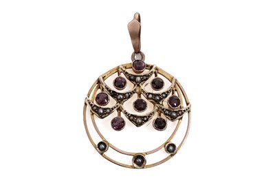 Lot 691 - An Edwardian amethyst and seed pearl bauble pendant