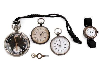 Lot 690 - Three pocket watches; and a silver cased cocktail wristwatch