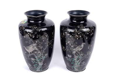 Lot 906 - A pair of fine Japanese cloisonne vases