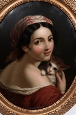 Lot 286 - 19th Century Continental School - Portrait of a Young Lady Holding a Kitten | reverse glass painting