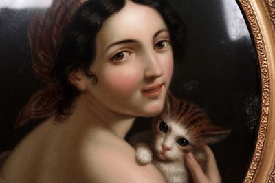 Lot 286 - 19th Century Continental School - Portrait of a Young Lady Holding a Kitten | reverse glass painting