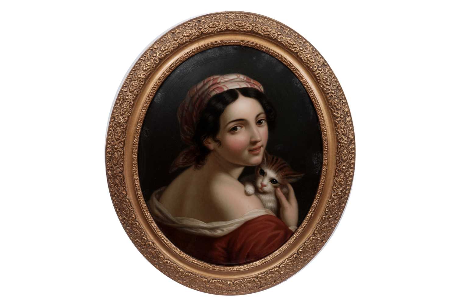 Lot 286 - 19th Century Continental School - Portrait of a Young Lady Holding a Kitten | reverse glass painting