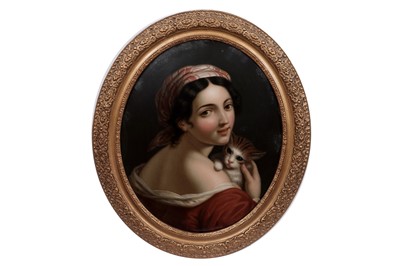 Lot 1115 - 19th Century Continental School - Portrait of a Young Lady Holding a Kitten | reverse glass painting