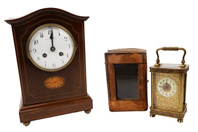 Lot 186 - An Edwardian marquetry inlaid mahogany clock; and a late 19th Century carriage clock