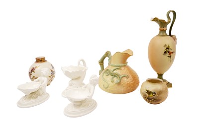 Lot 358 - A selection of Royal Worcester ceramics including: a blush ivory ewer and Blanc de Chine salts