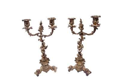 Lot 446 - A pair of Italian 19th Century style silver plated two sconce candelabras