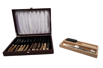 Lot 433 - A cased set of simulated antler cutlery; and a Claude Dozorme 'Laguiole' cheese and butter set