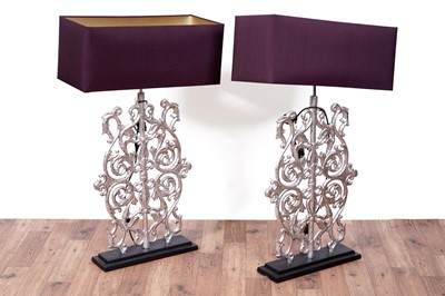 Lot 182 - Heathfield & Co: pair of ‘Fleur’ large silvered contemporary cast metal table lamps