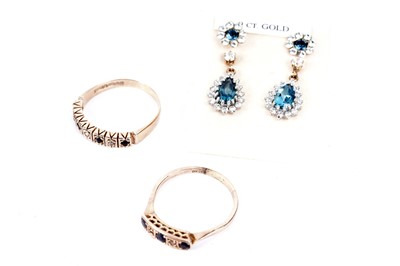 Lot 299 - Two gold rings; and three pairs of earrings