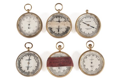 Lot 602 - A collection of six brass cased pocket compensated barometers