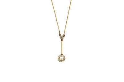 Lot 805 - An Edwardian diamond and pearl drop pendant necklace