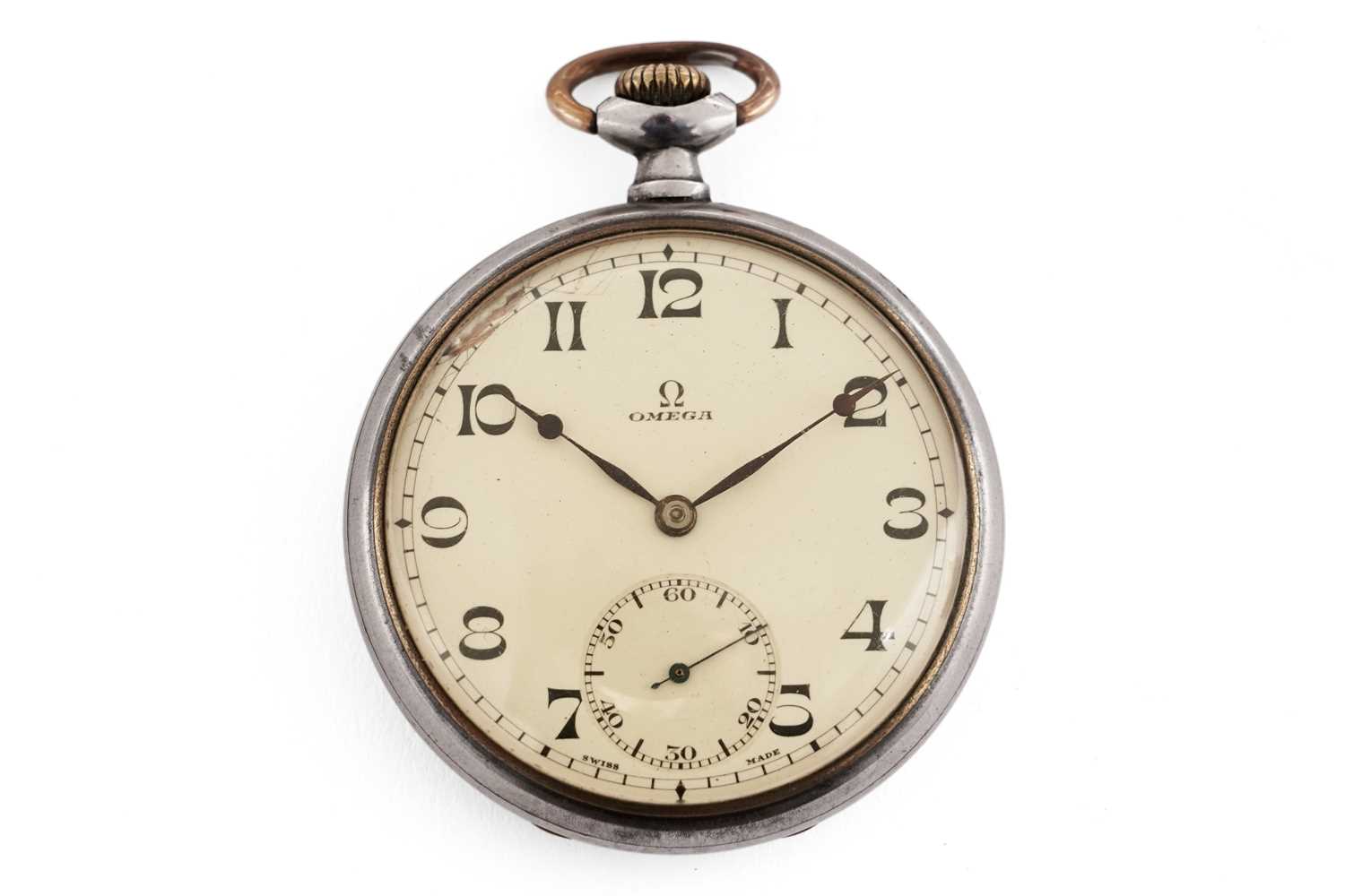 Lot 524 - Omega: a steel cased open faced pocket watch