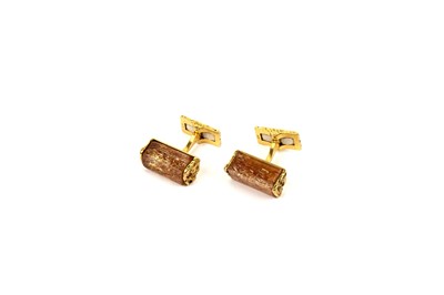 Lot 646 - A pair of tourmaline and 18ct yellow gold cufflinks, by John Donald